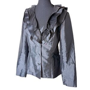 CALVIN KLEIN Black Taffeta Blazer Jacket Top Blouse Shacket Ruffles Size Large